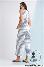 Sail blue casual striped tee and wide leg pants set - pant sets
