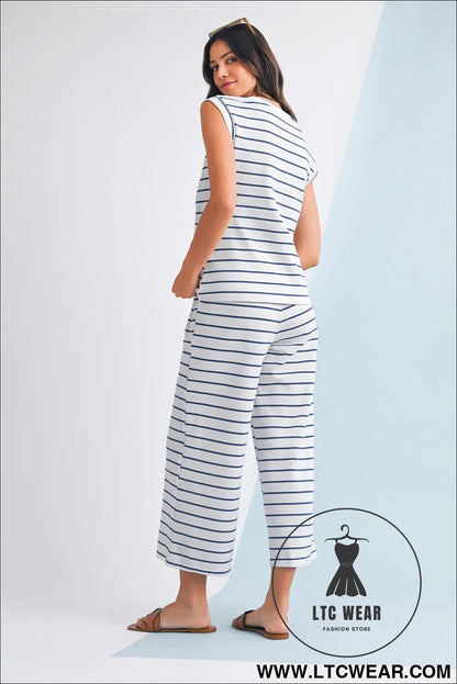 Sail blue casual striped tee and wide leg pants set - pant sets