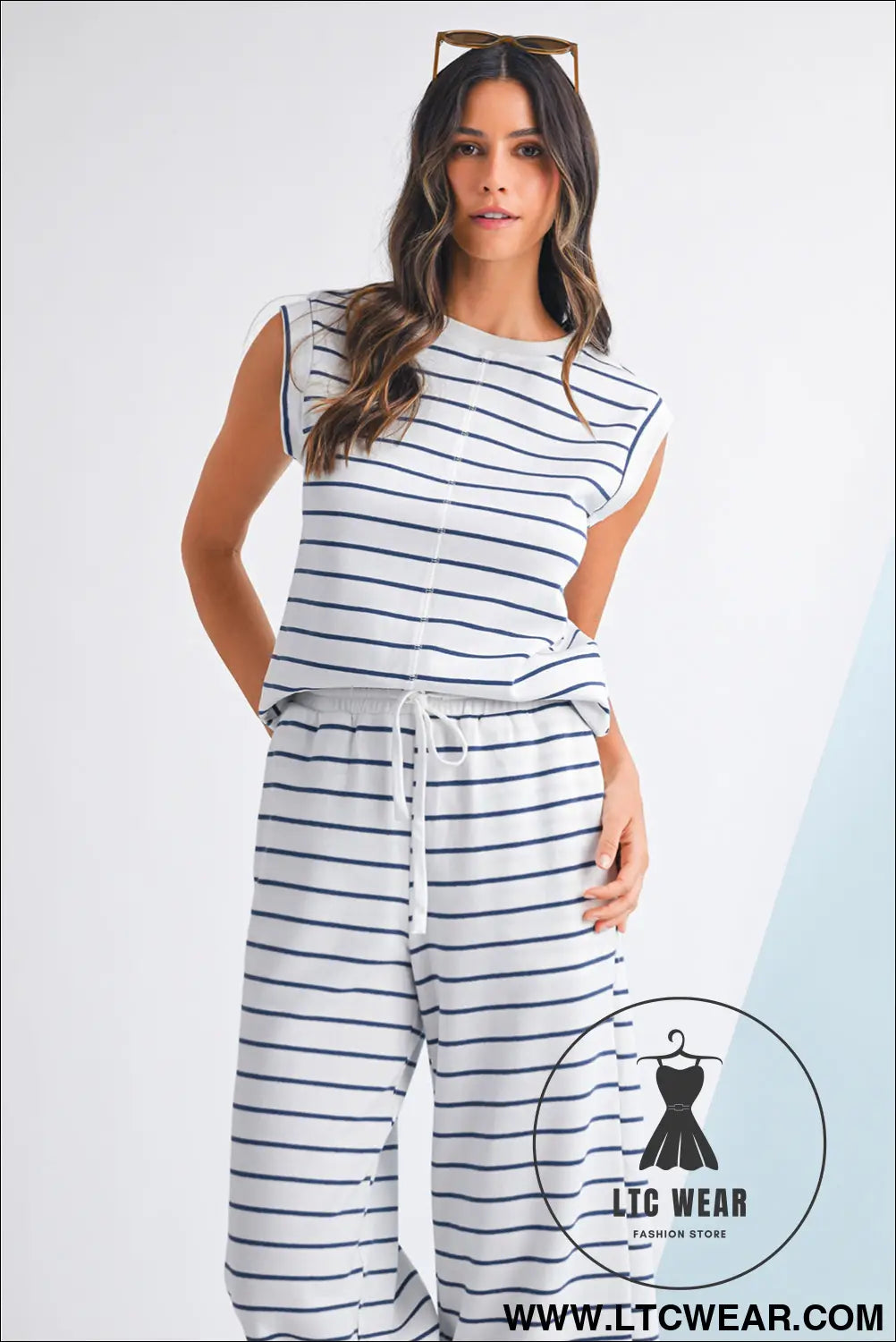 Sail blue casual striped tee and wide leg pants set - pant sets