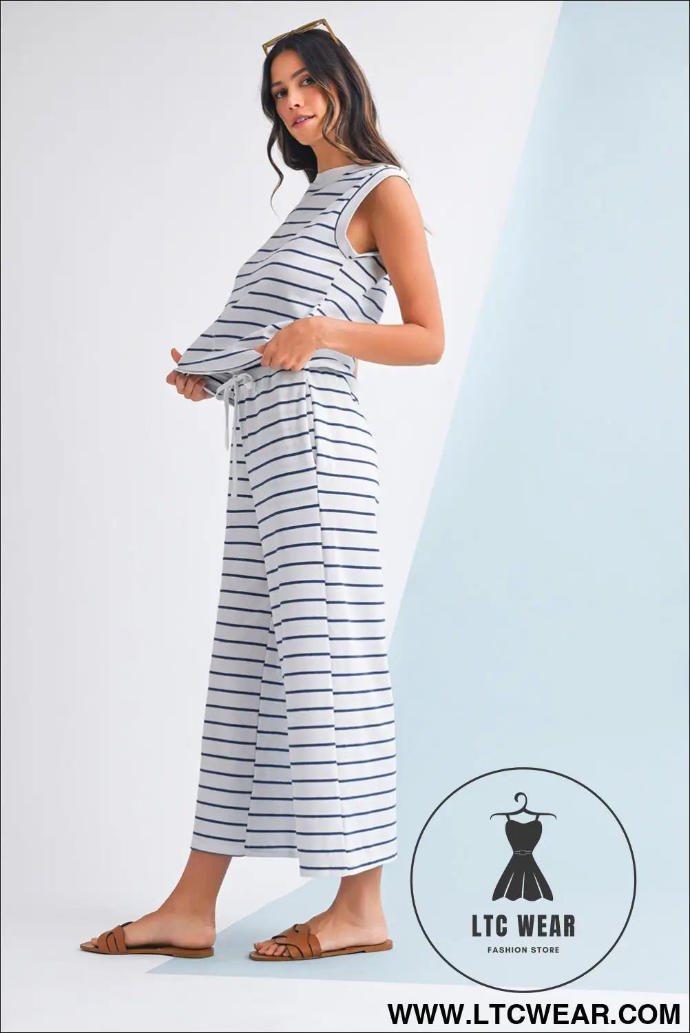 Sail blue casual striped tee and wide leg pants set - pant sets