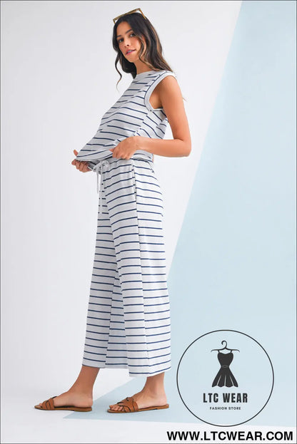 Sail blue casual striped tee and wide leg pants set - pant sets