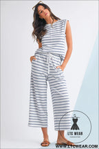 Sail blue casual striped tee and wide leg pants set - pant sets