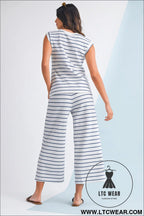 Sail blue casual striped tee and wide leg pants set - pant sets