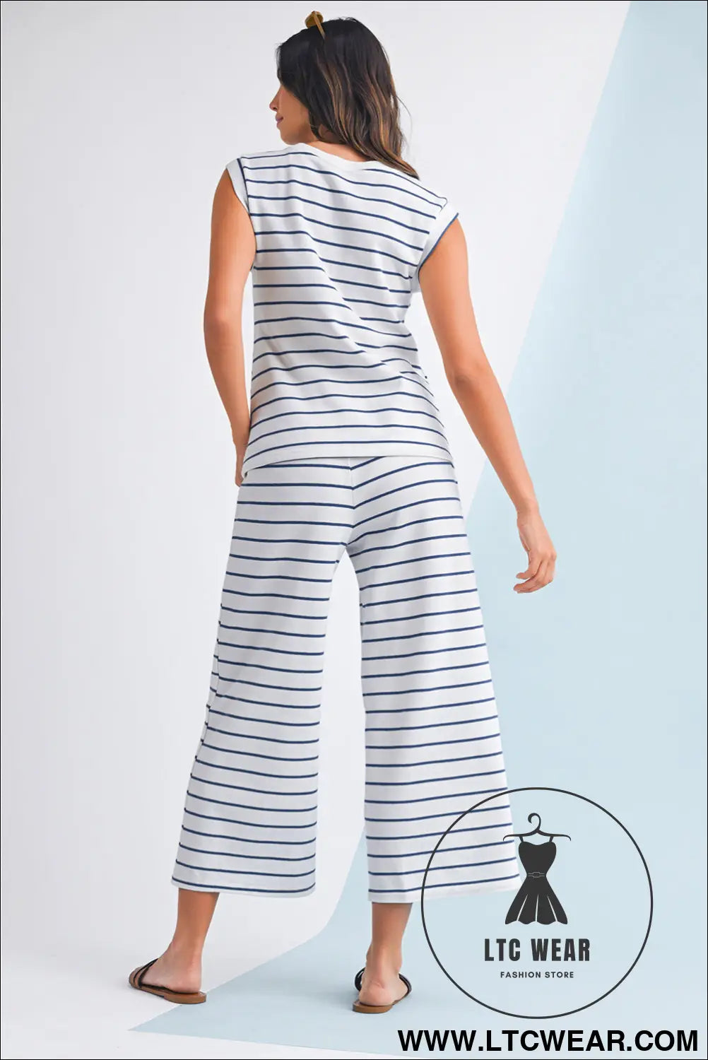 Sail blue casual striped tee and wide leg pants set - pant sets
