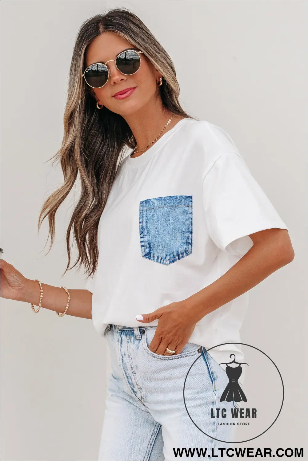 Sail blue color block chest pocket patched casual short sleeve top - 20%