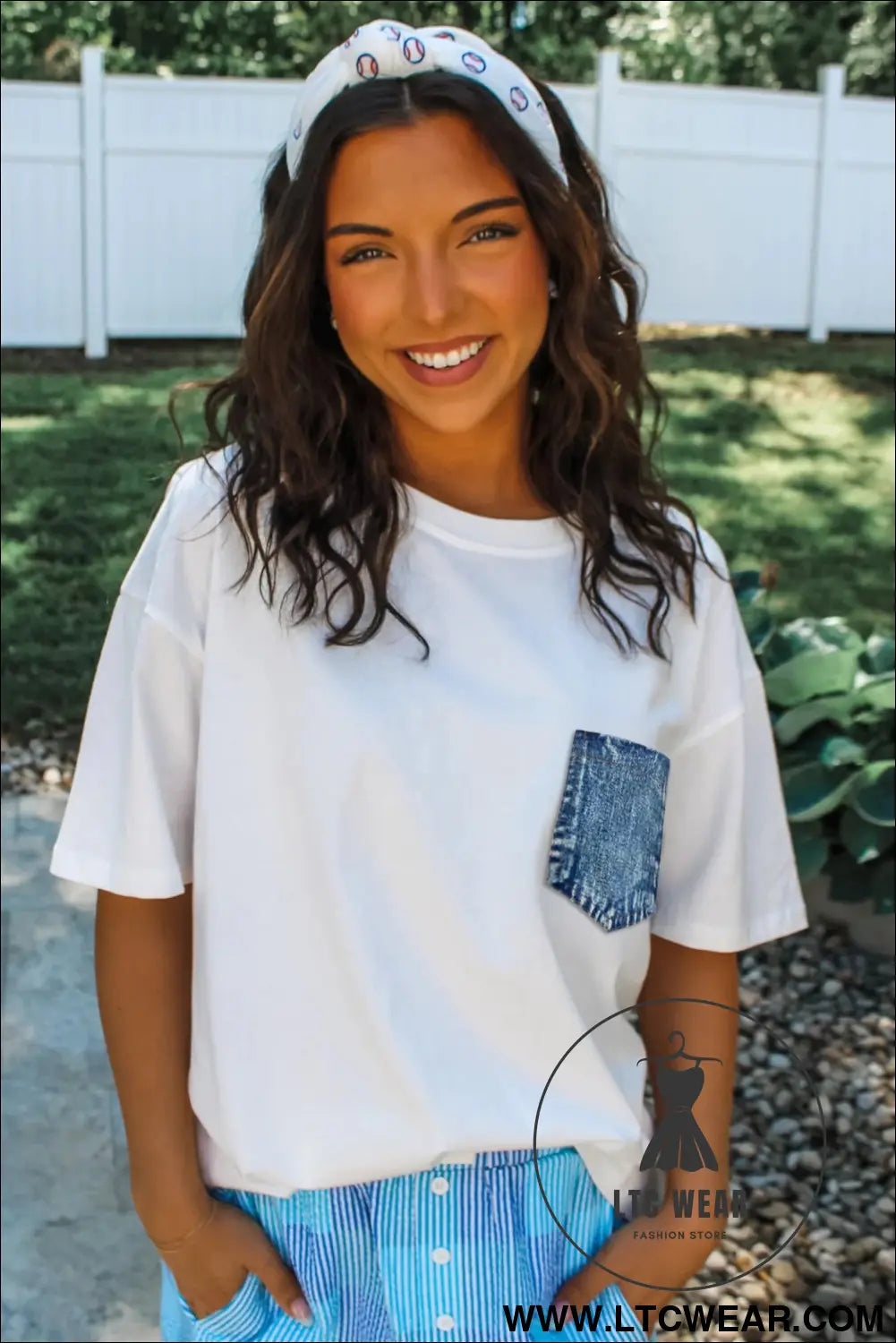 Sail blue color block chest pocket patched casual short sleeve top - 20%