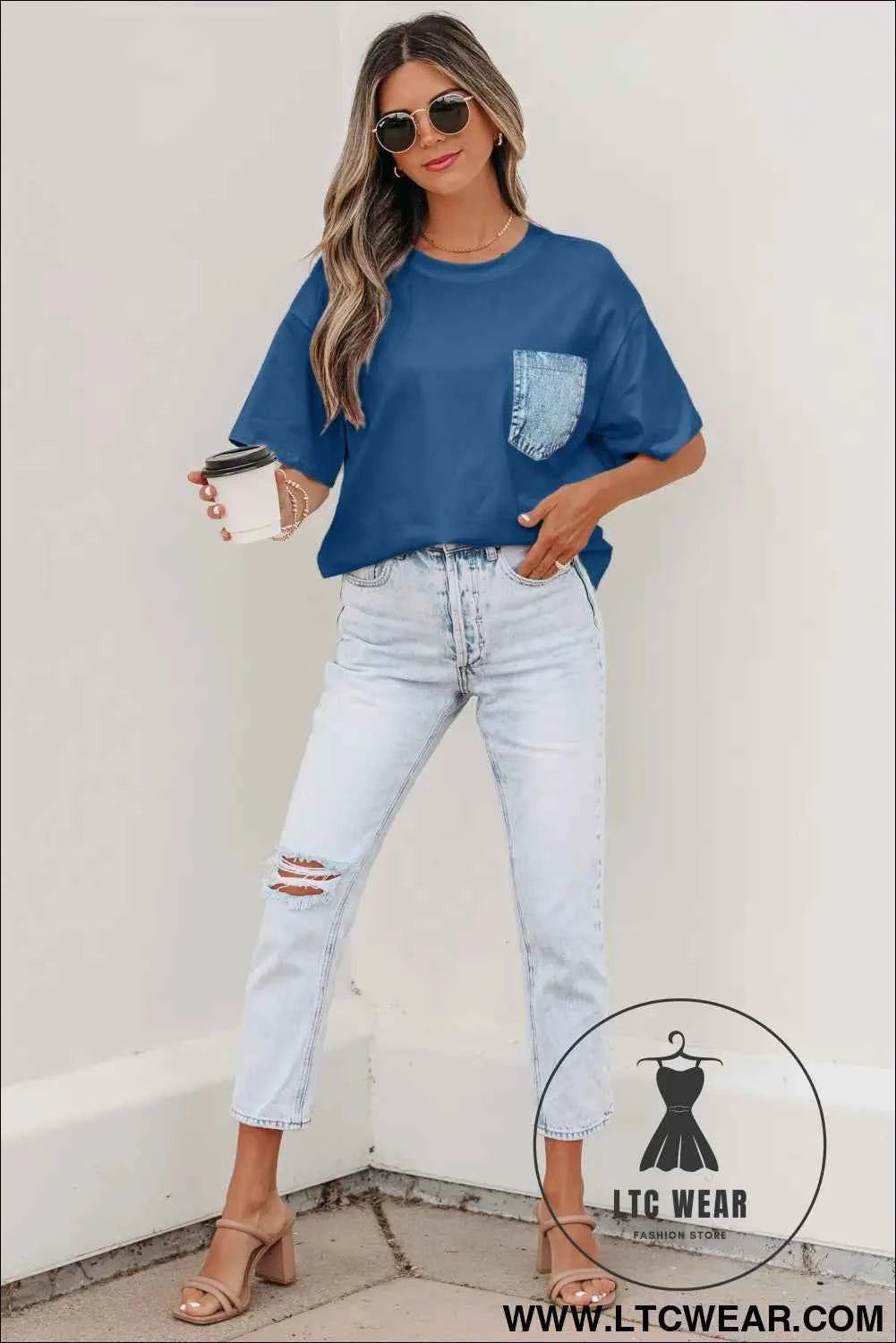 Sail Blue Color Block Chest Pocket Patched Casual Short Sleeve Top
