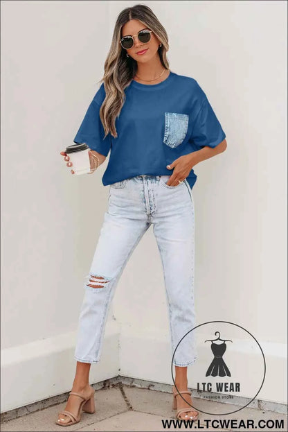 Sail Blue Color Block Chest Pocket Patched Casual Short Sleeve Top