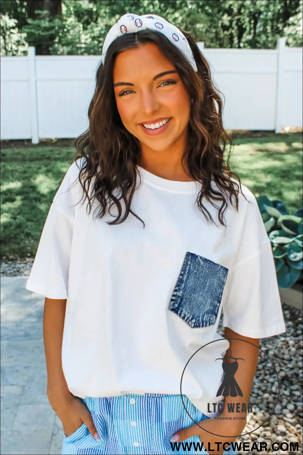 Sail blue color block chest pocket patched casual short sleeve top - 20%