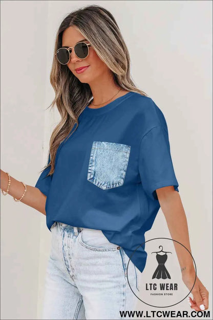Sail Blue Color Block Chest Pocket Patched Casual Short Sleeve Top