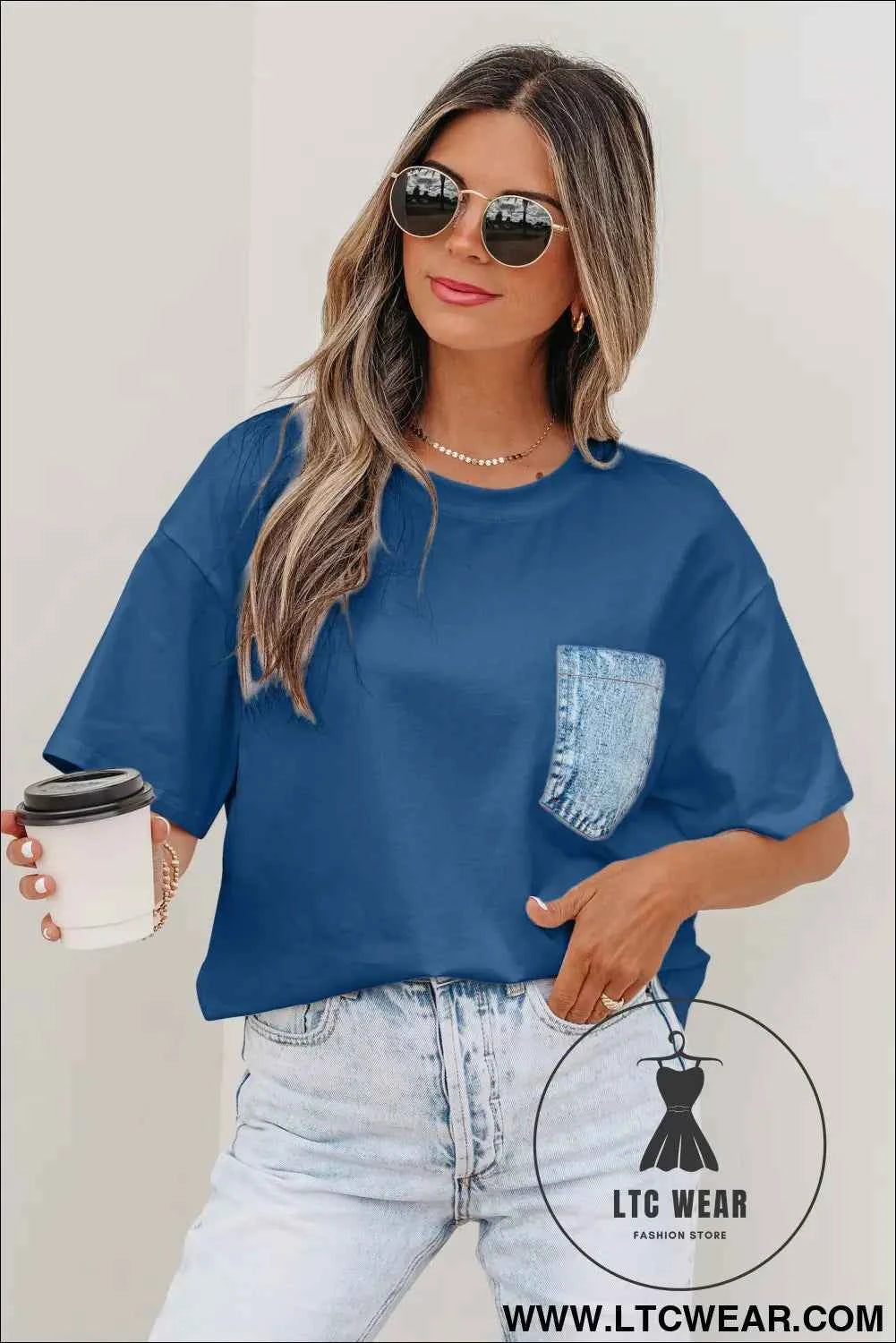 Sail Blue Color Block Chest Pocket Patched Casual Short Sleeve Top