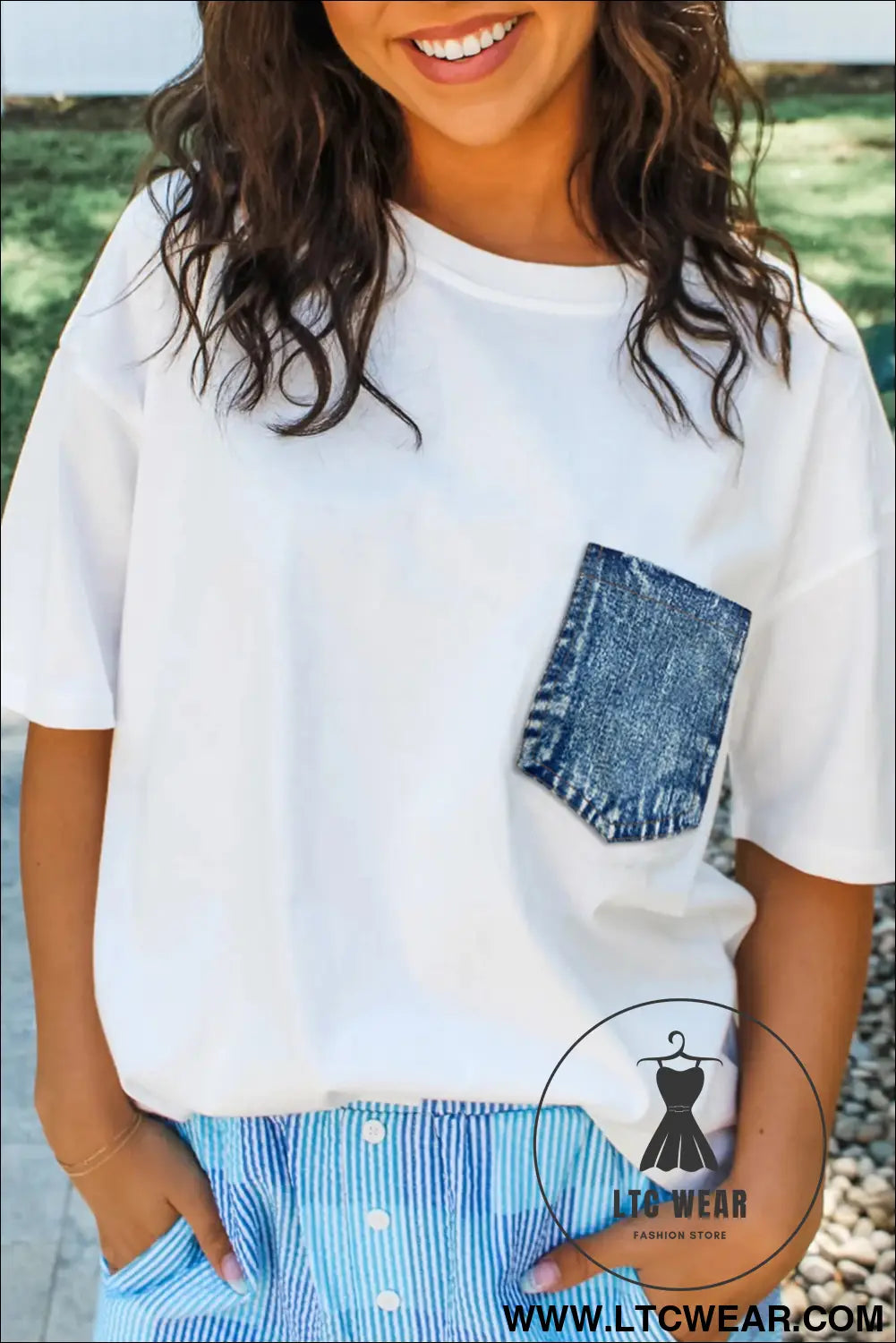 Sail blue color block chest pocket patched casual short sleeve top - white / l / 95% cotton + 5% elastane - 20%