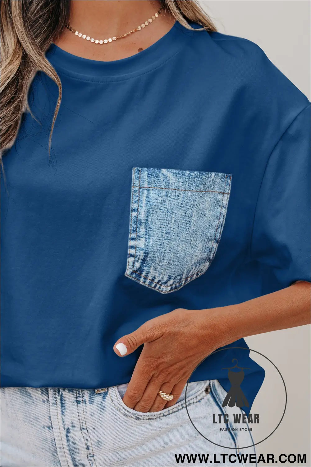 Sail blue color block chest pocket patched casual short sleeve top - 20%