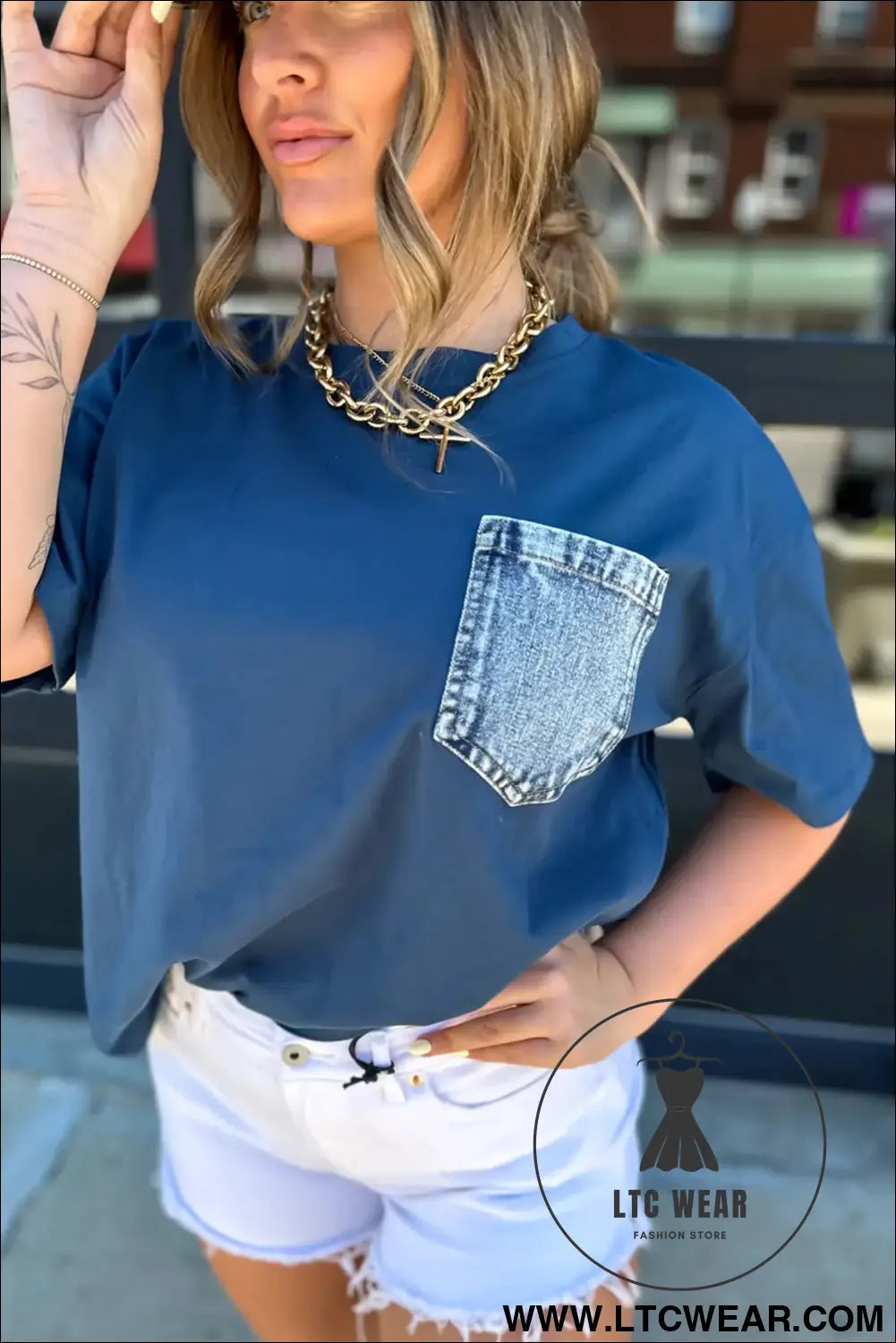 Sail blue color block chest pocket patched casual short sleeve top - 20%