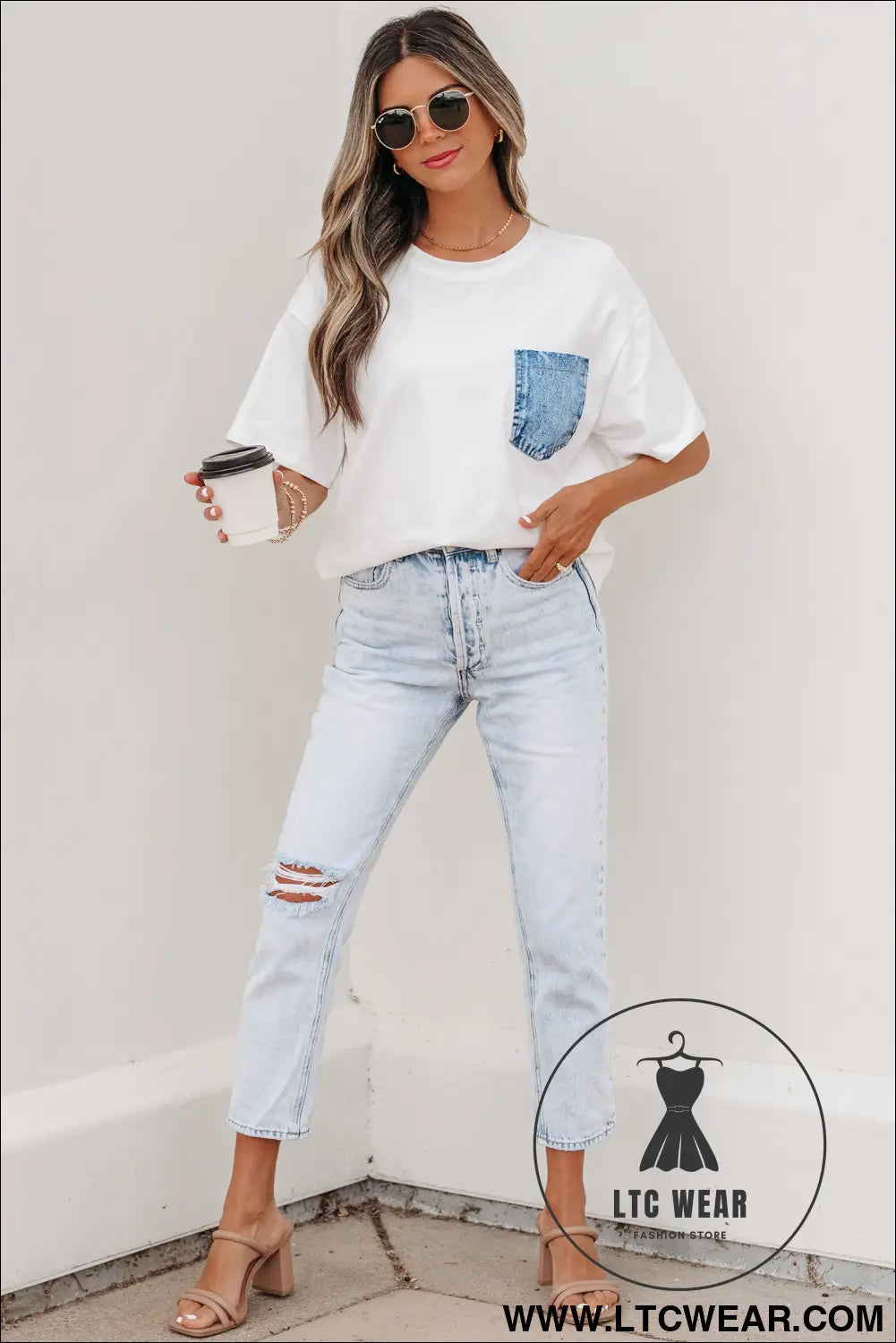 Sail blue color block chest pocket patched casual short sleeve top - 20%