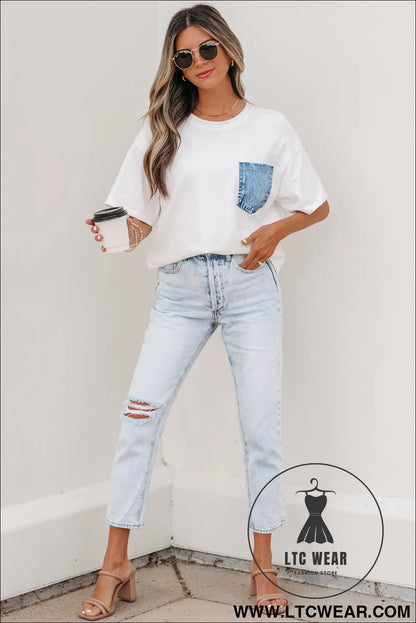 Sail blue color block chest pocket patched casual short sleeve top - 20%