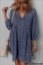 Sail blue pleated v neck 3/4 sleeve denim mini dress - mini dresses
