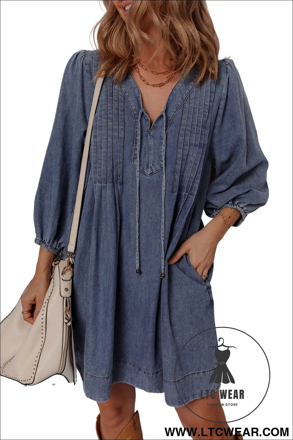 Sail blue pleated v neck 3/4 sleeve denim mini dress - mini dresses
