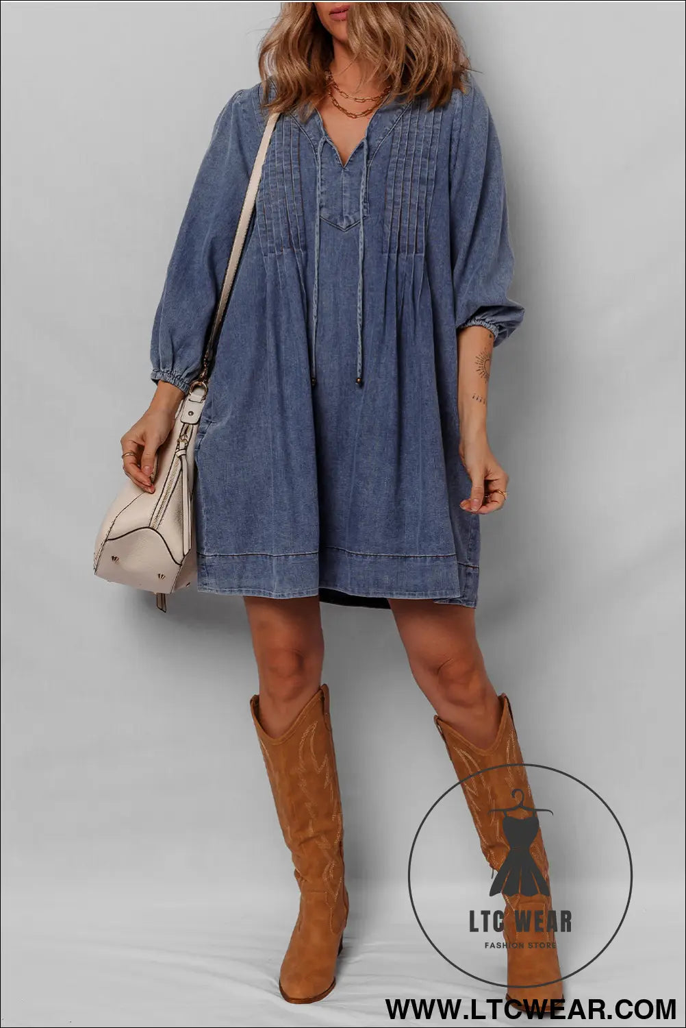 Sail blue pleated v neck 3/4 sleeve denim mini dress - mini dresses