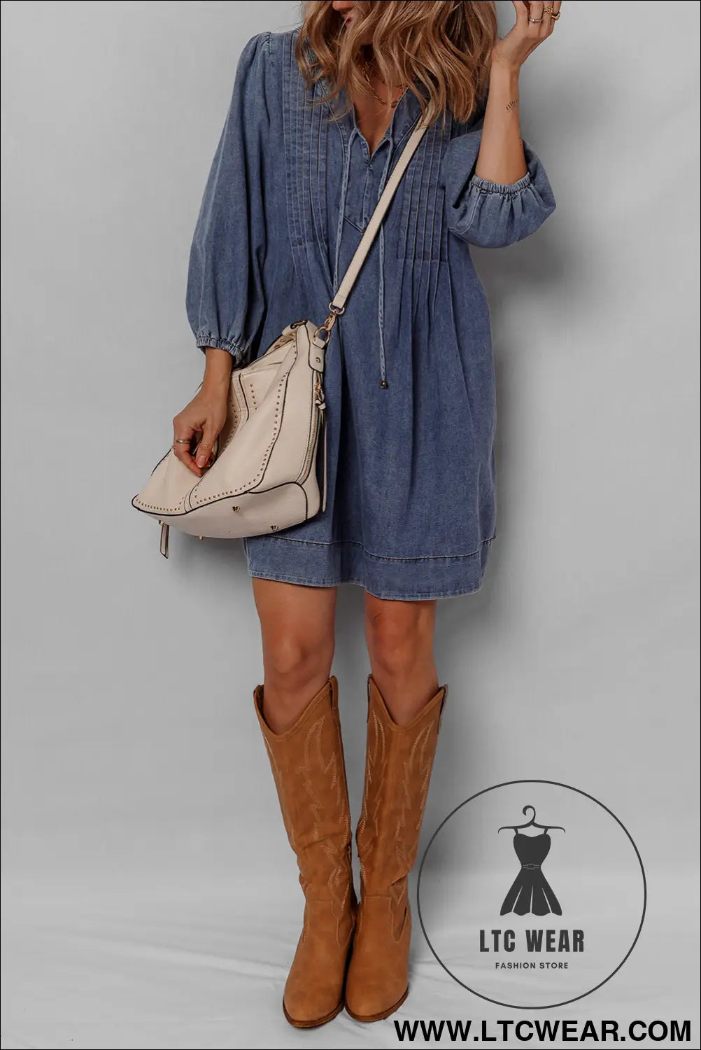 Sail blue pleated v neck 3/4 sleeve denim mini dress - mini dresses