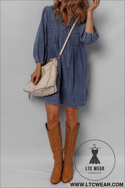 Sail blue pleated v neck 3/4 sleeve denim mini dress - mini dresses