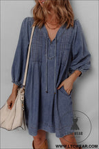 Sail blue pleated v neck 3/4 sleeve denim mini dress - sail blue / l / 100% cotton - mini dresses