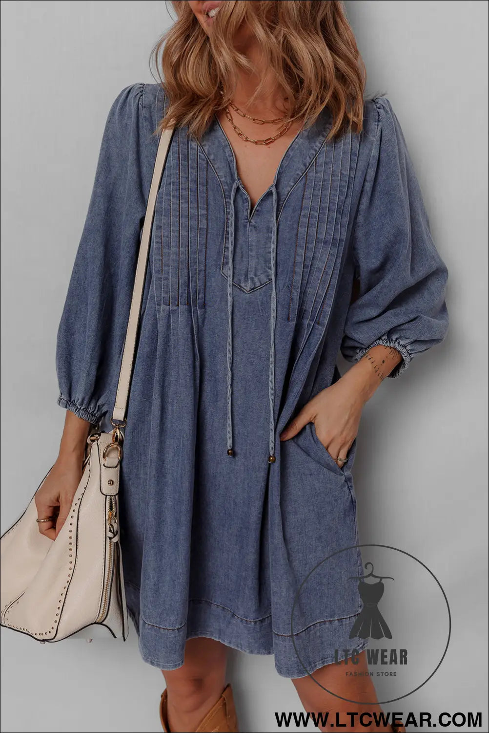 Sail blue pleated v neck 3/4 sleeve denim mini dress - sail blue / l / 100% cotton - mini dresses