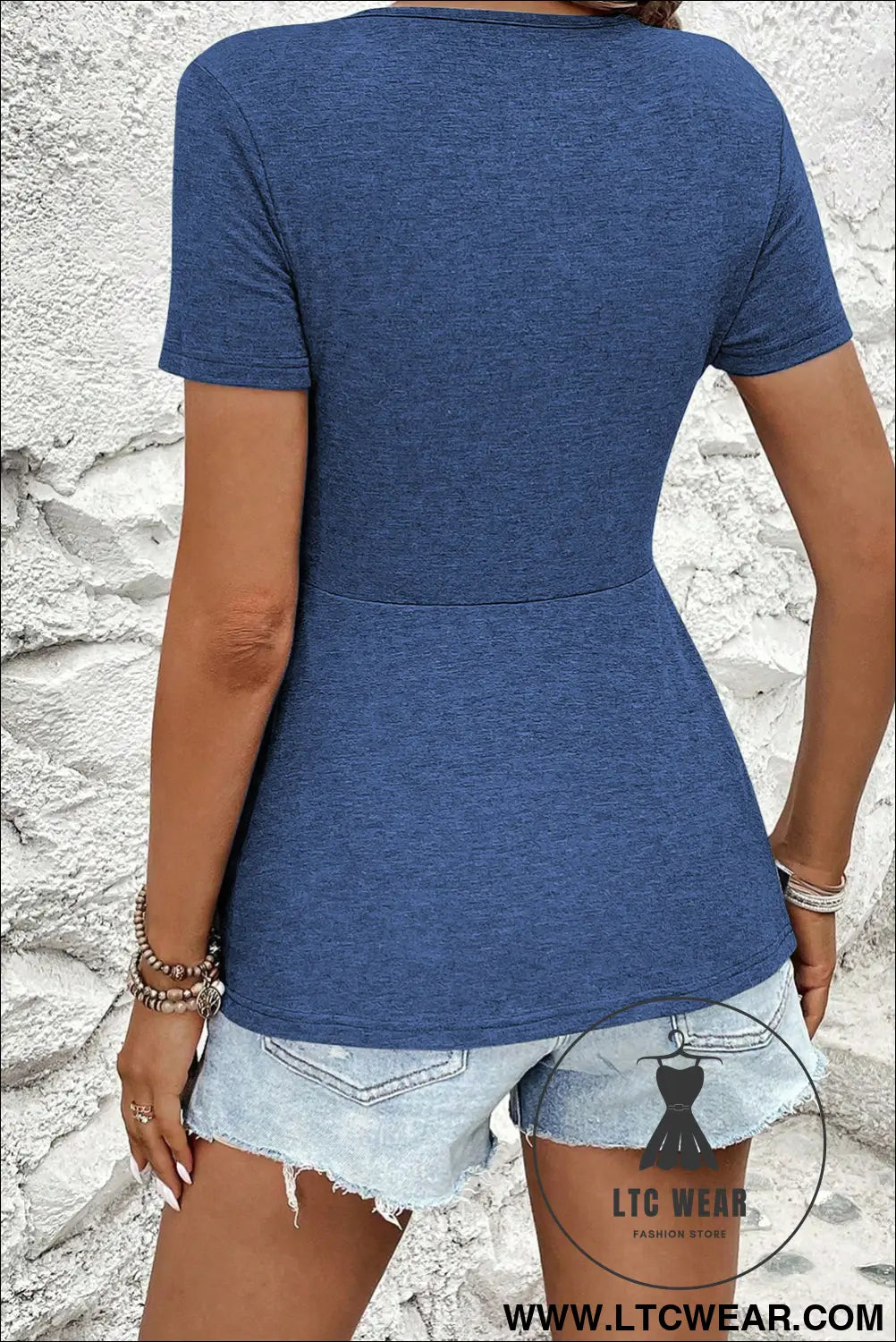 Sail Blue Twist Knot V Neck Short Sleeve Blouse - L.T.C Wear Online Fashion Store