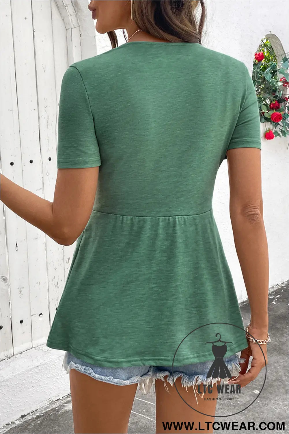 Sail Blue Twist Knot V Neck Short Sleeve Blouse - L.T.C Wear Online Fashion Store