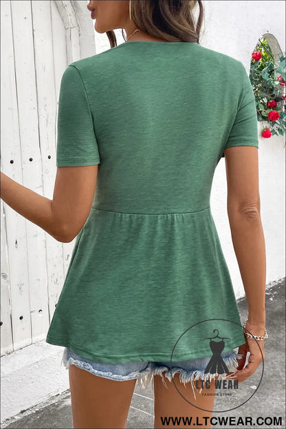 Sail Blue Twist Knot V Neck Short Sleeve Blouse - L.T.C Wear Online Fashion Store