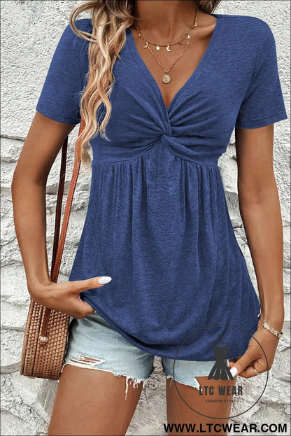 Sail Blue Twist Knot V Neck Short Sleeve Blouse - L.T.C Wear Online Fashion Store