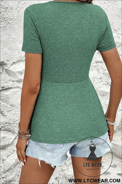 Sail Blue Twist Knot V Neck Short Sleeve Blouse - L.T.C Wear Online Fashion Store
