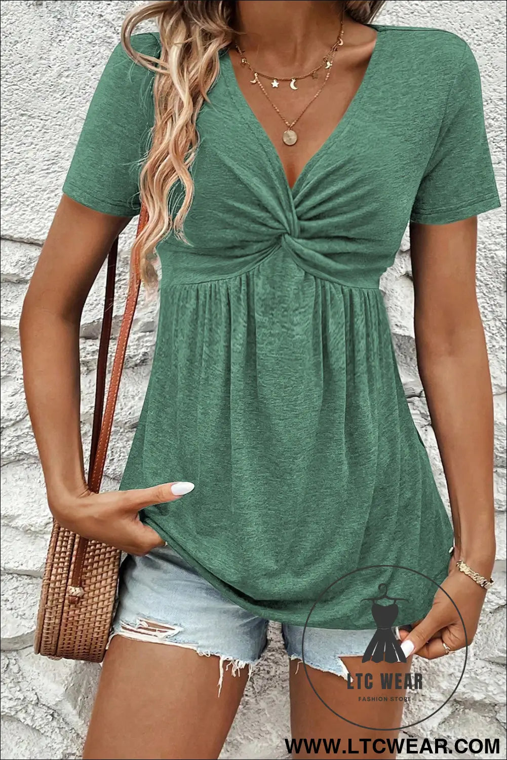 Sail Blue Twist Knot V Neck Short Sleeve Blouse - L.T.C Wear Online Fashion Store