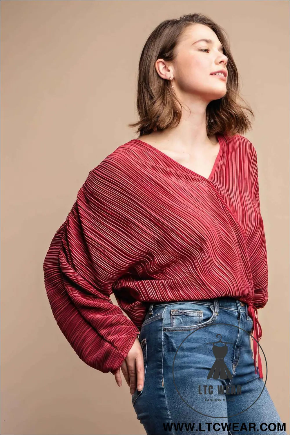 Satin Pleated Drawstring Top With Snap Button