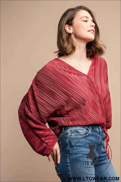 Satin Pleated Drawstring Top With Snap Button