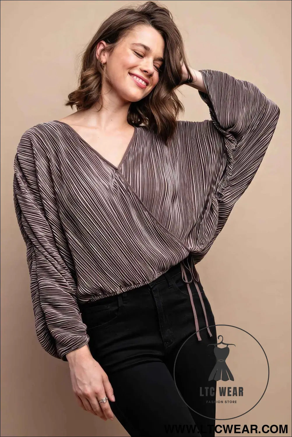 Satin Pleated Drawstring Top With Snap Button