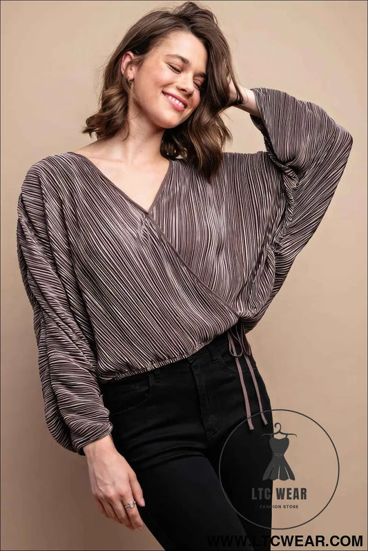 Satin Pleated Drawstring Top With Snap Button