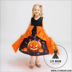 Satin printed dress with large butterfly embellishment sleeveless children’s formal dress - aws080-black orange