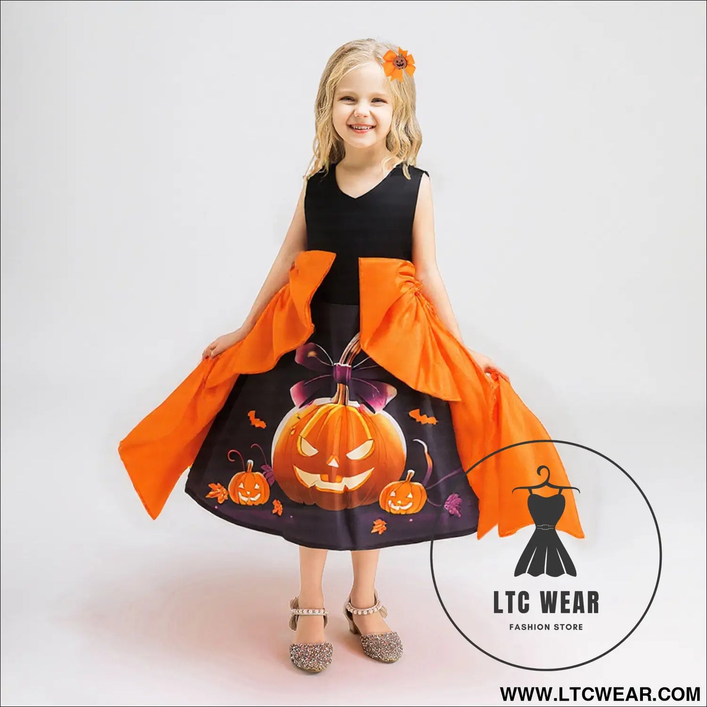 Satin printed dress with large butterfly embellishment sleeveless children’s formal dress - aws080-black orange