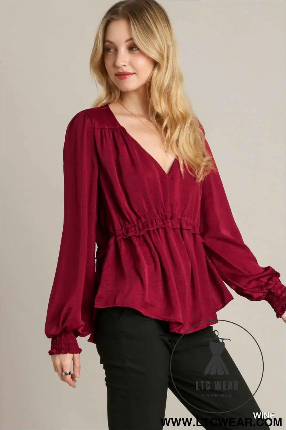 Satin V-neck Ruffle Baby Doll Top With Cuffed Long Sleeve