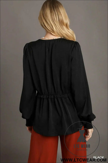 Satin V-neck Ruffle Baby Doll Top With Cuffed Long Sleeve