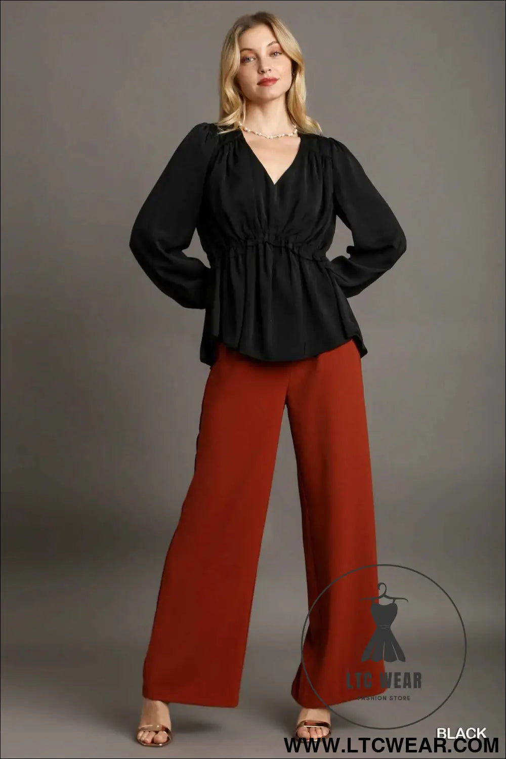 Satin V-neck Ruffle Baby Doll Top With Cuffed Long Sleeve