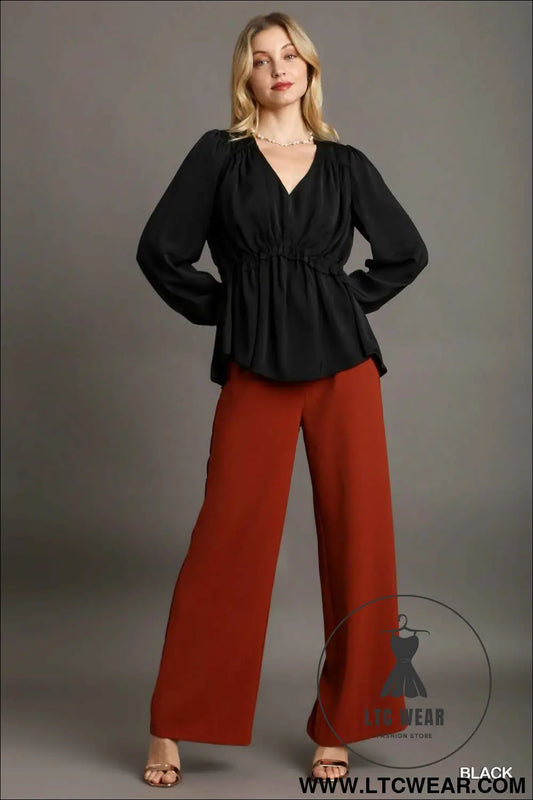 Satin V-neck Ruffle Baby Doll Top With Cuffed Long Sleeve