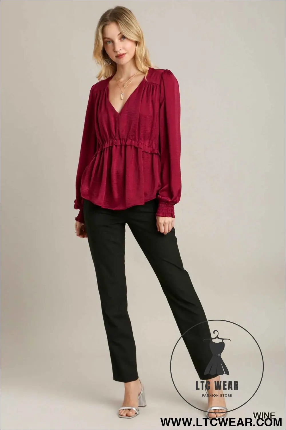 Satin V-neck Ruffle Baby Doll Top With Cuffed Long Sleeve