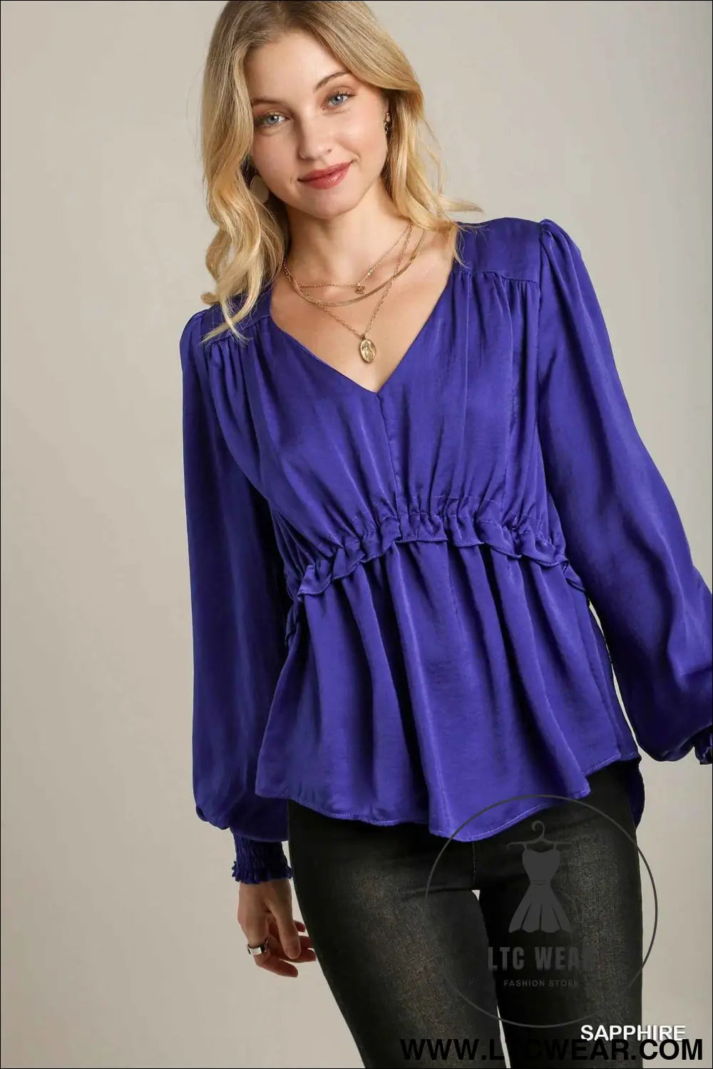 Satin V-neck Ruffle Baby Doll Top With Cuffed Long Sleeve