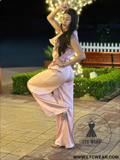 Satin Wide Leg Pants & Flower Sleeveless Top Set