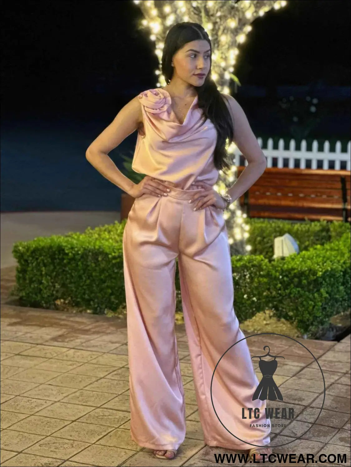 Satin Wide Leg Pants & Flower Sleeveless Top Set