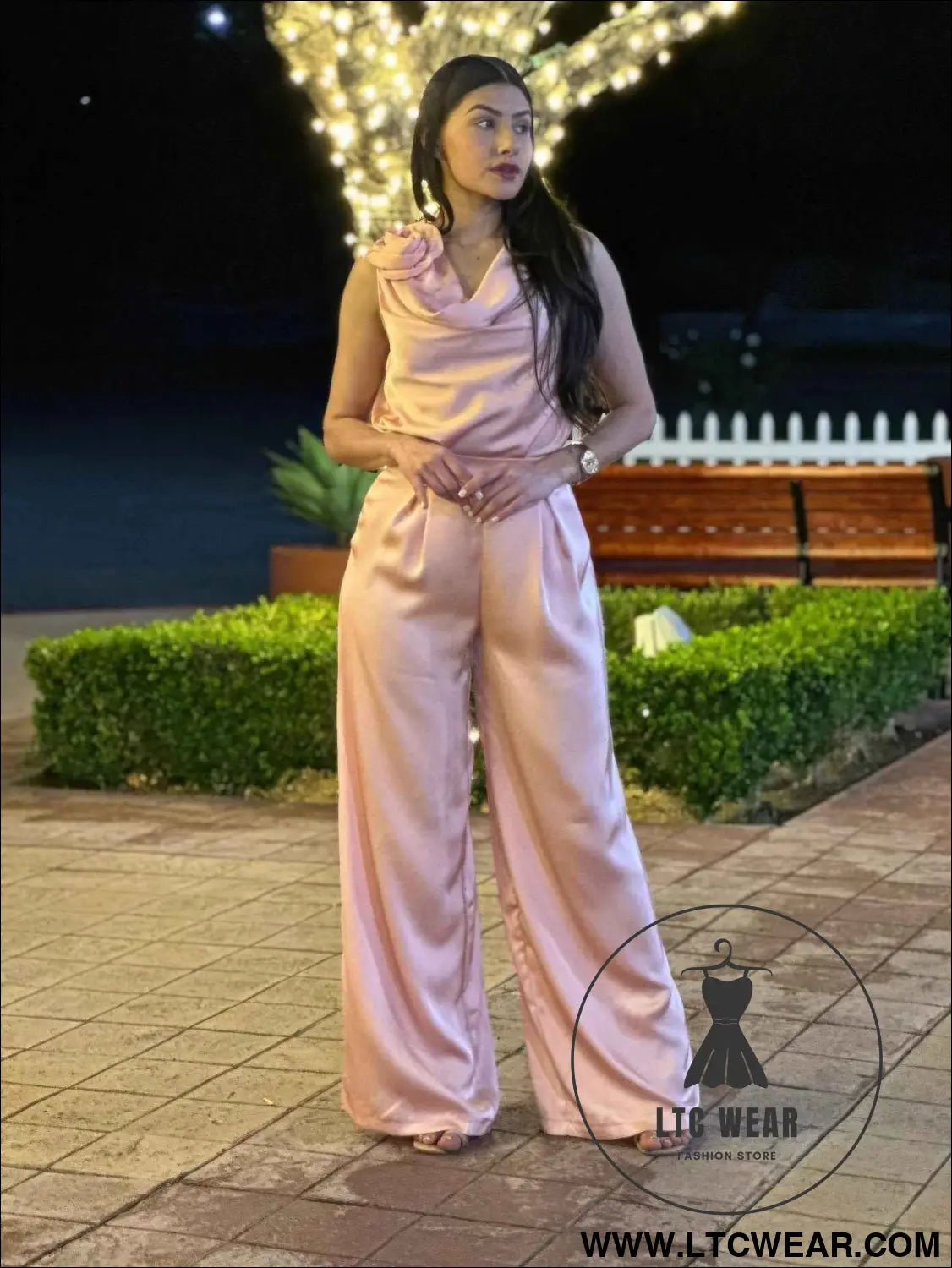 Satin Wide Leg Pants & Flower Sleeveless Top Set