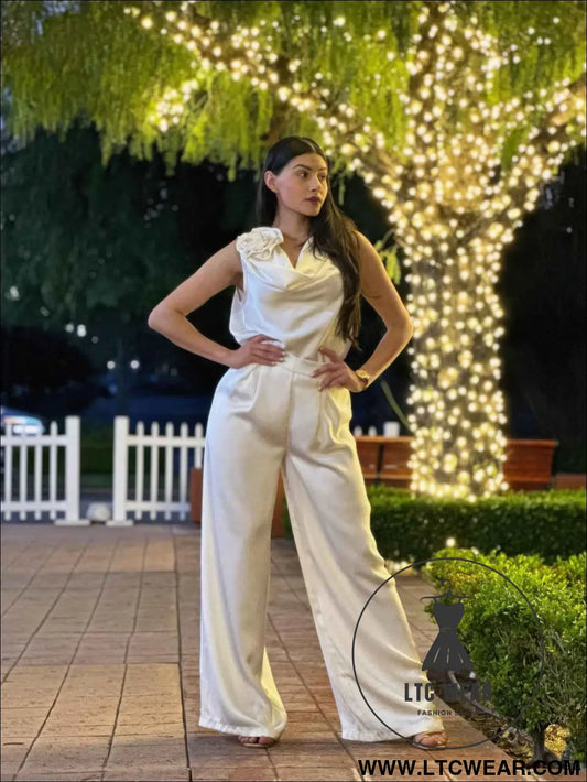Satin Wide Leg Pants & Flower Sleeveless Top Set