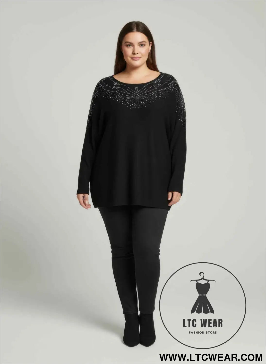 Scarlet Embellished Neckline Dolman Sleeve Tunic Top